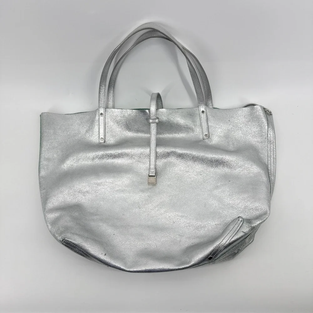 Tiffany & Co Metallic Silver Leather Reversible Tote Bag Tiffany Blue Suede LRG